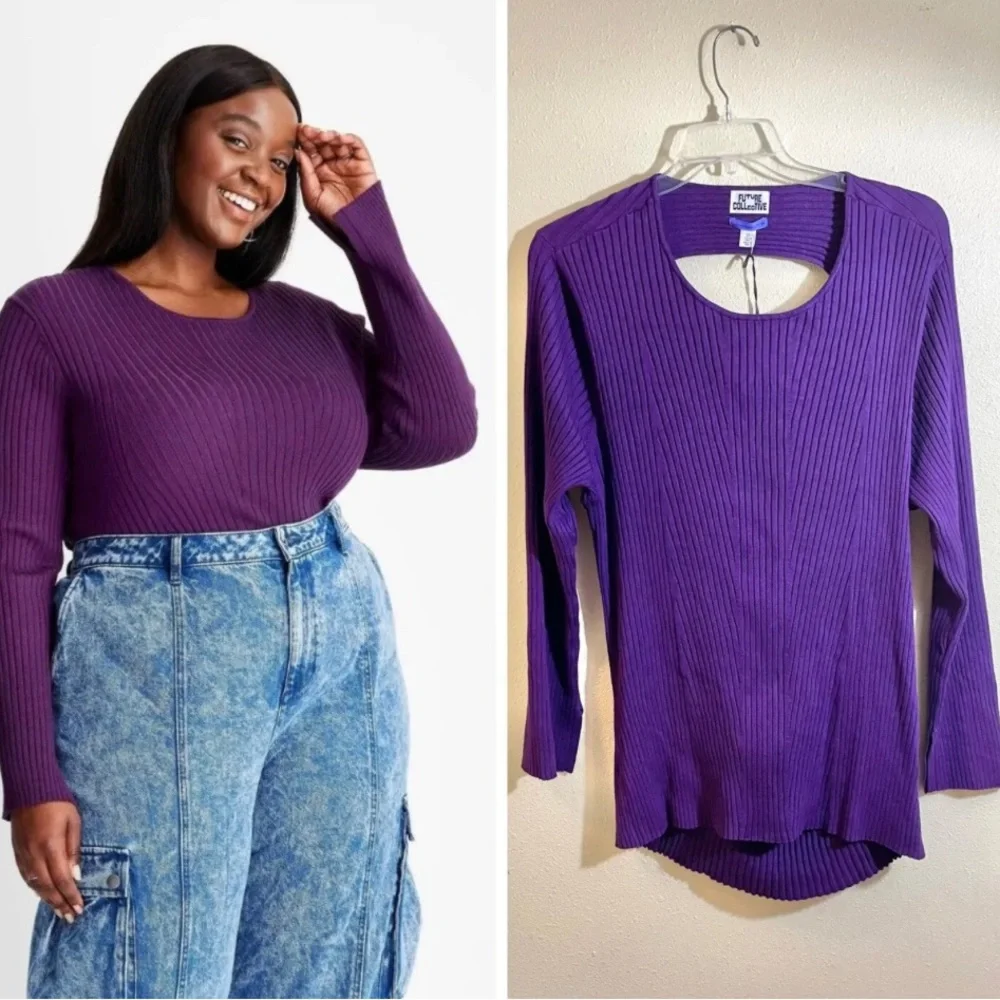 Future Collective Purple Ribbed Twisted Back Sweater Kahlana B. Brown NW… - Picture 2 of 8